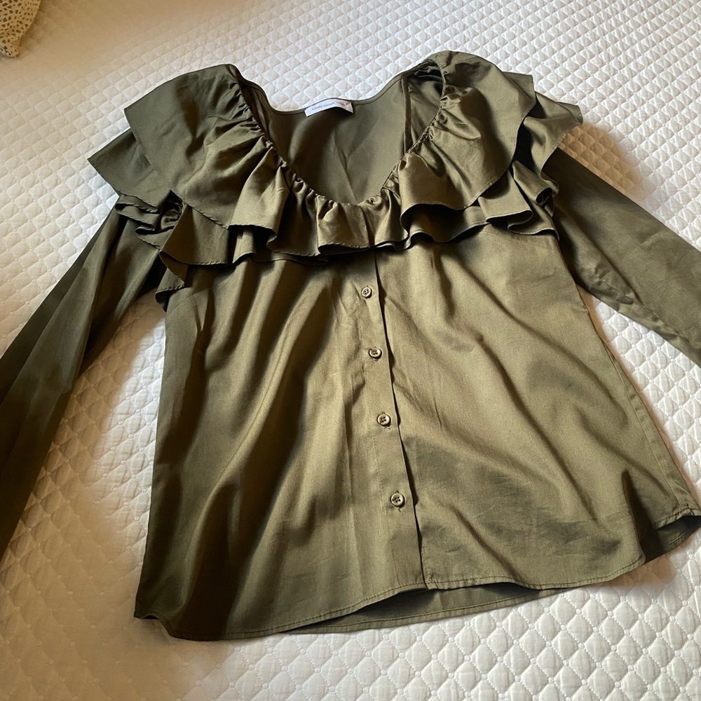 Something Navy Olive Ruffle Blouse